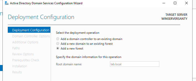 Active Directory Domain Services Configuration Wizard showing new forest setup for lab.local