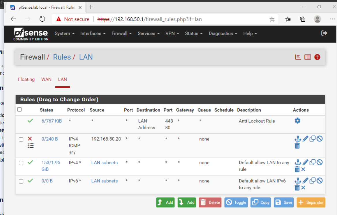 pfSense firewall rule list showing a block rule for ICMP traffic above the default allow rule