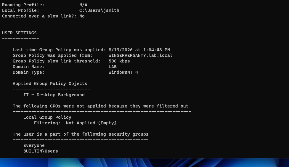 gpresult output confirming the IT Desktop Background GPO applied to the IT user