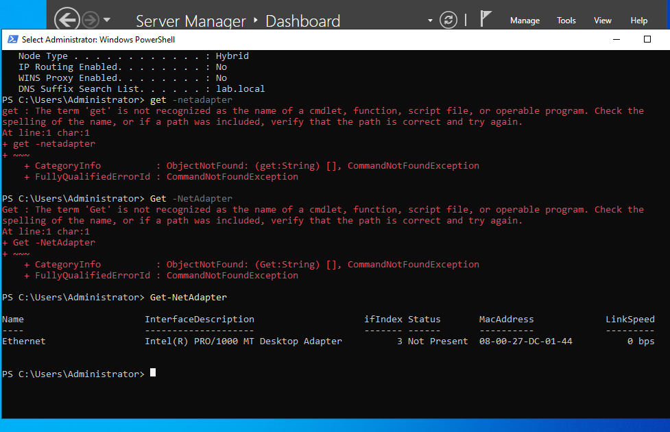 PowerShell output showing Get-NetAdapter with status Not Present
