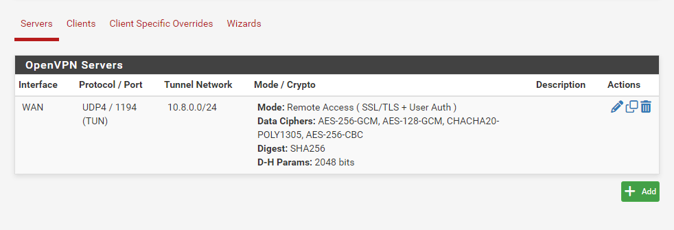 pfSense OpenVPN server configuration showing Remote Access SSL/TLS + User Auth mode