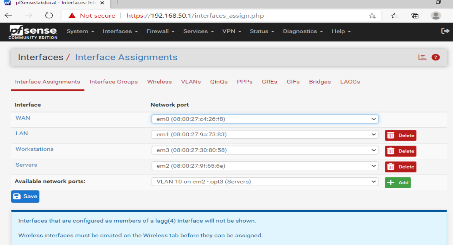 pfSense Interface Assignments showing Servers and Workstations mapped to dedicated network adapters