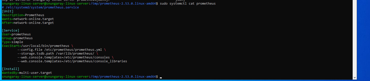 systemd service file for Prometheus viewed with systemctl cat