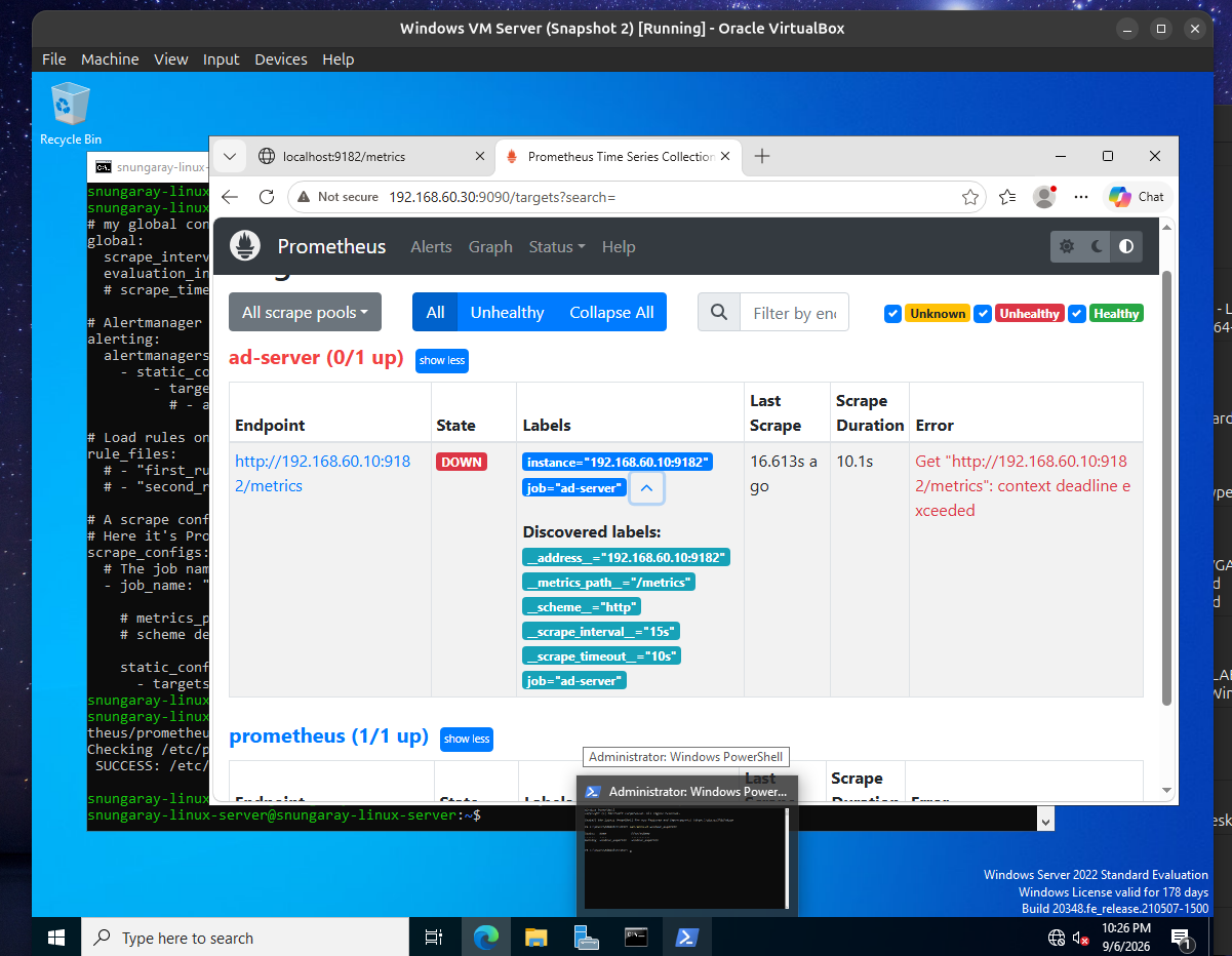 Prometheus targets page showing the ad-server target as down with a context deadline exceeded error