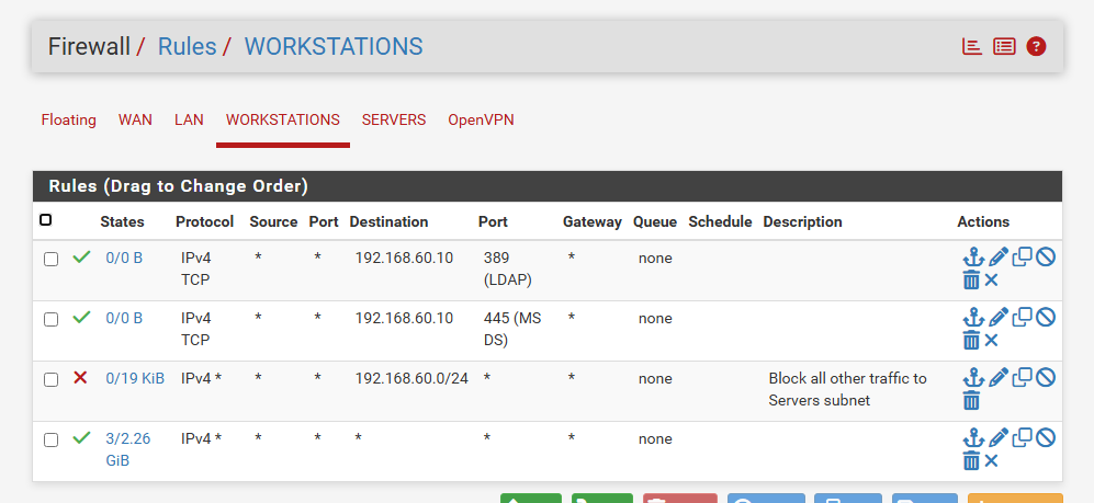 pfSense firewall rules on the Workstations interface allowing only LDAP and SMB to the AD server